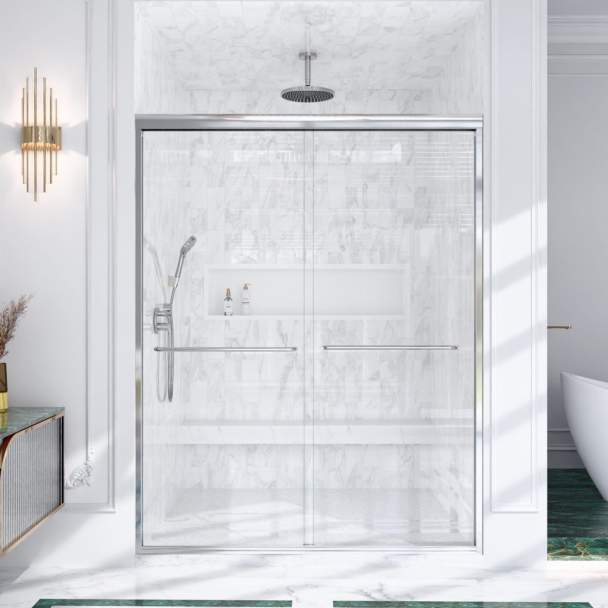 56"-60"W*72" H Semi-Frameless Double Sliding Shower Door, Bypass Shower Door, 1/4" (6mm) Thick SGCC Tempered Glass Door