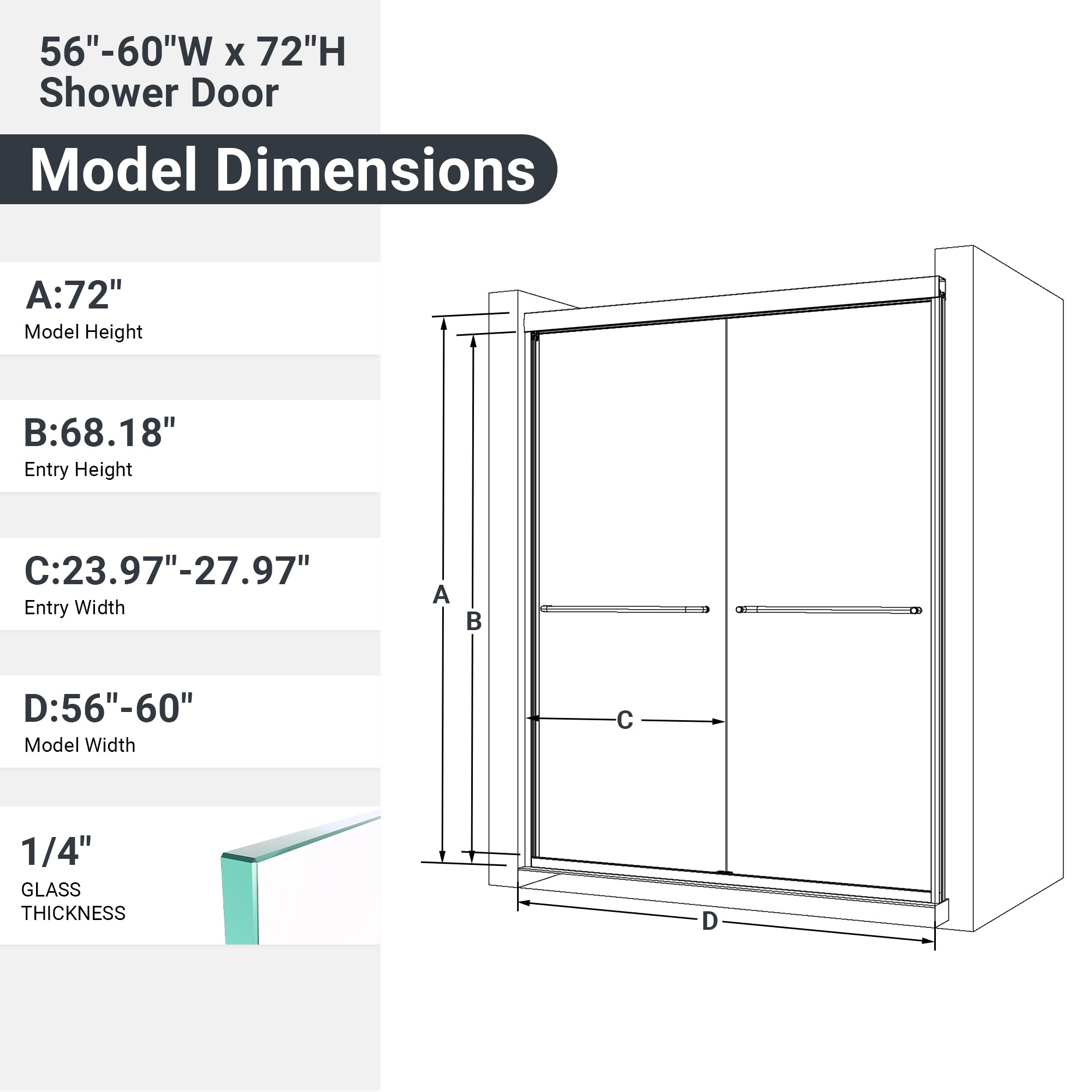 56"-60"W*72" H Semi-Frameless Double Sliding Shower Door, Bypass Shower Door, 1/4" (6mm) Thick SGCC Tempered Glass Door