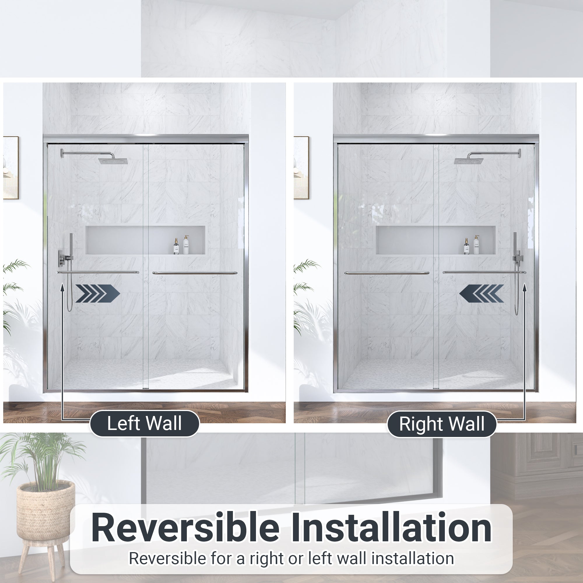 56"-60"W*72" H Semi-Frameless Double Sliding Shower Door, Bypass Shower Door, 1/4" (6mm) Thick SGCC Tempered Glass Door