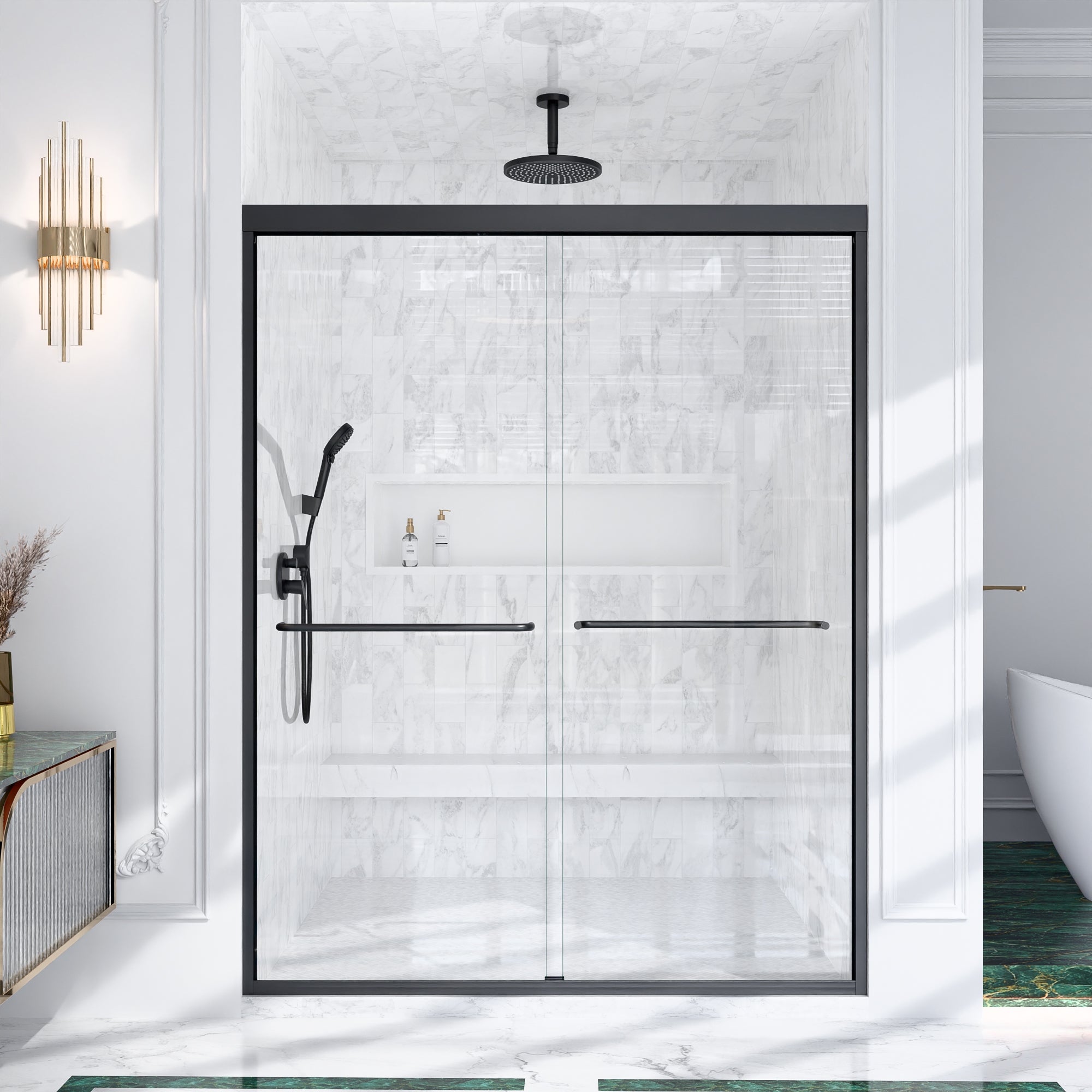 56"-60"W*72" H Semi-Frameless Double Sliding Shower Door, Bypass Shower Door, 1/4" (6mm) Thick SGCC Tempered Glass Door
