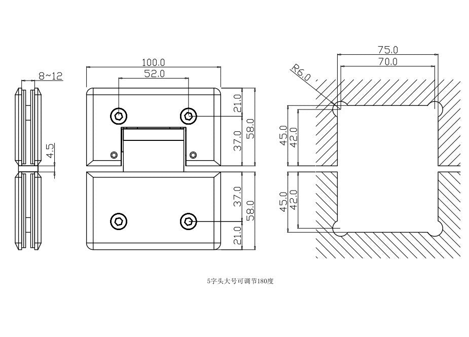 Adjustable Heavy duty 180° Glass to Glass Hinges Beveled Edged | TR636